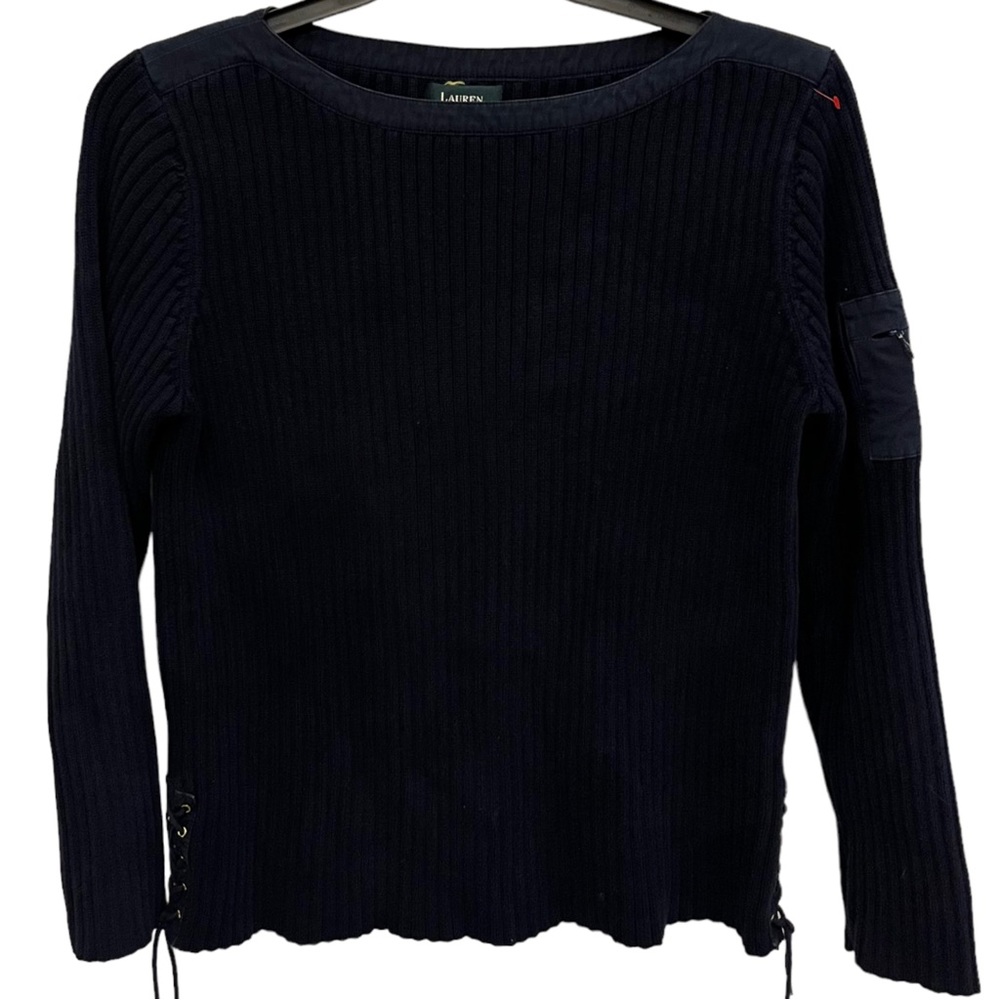 Polo Ralph Lauren Vintage Navy Nautical Sweater Anchor Pocket Boat Neck Sweater - Picture 3 of 5